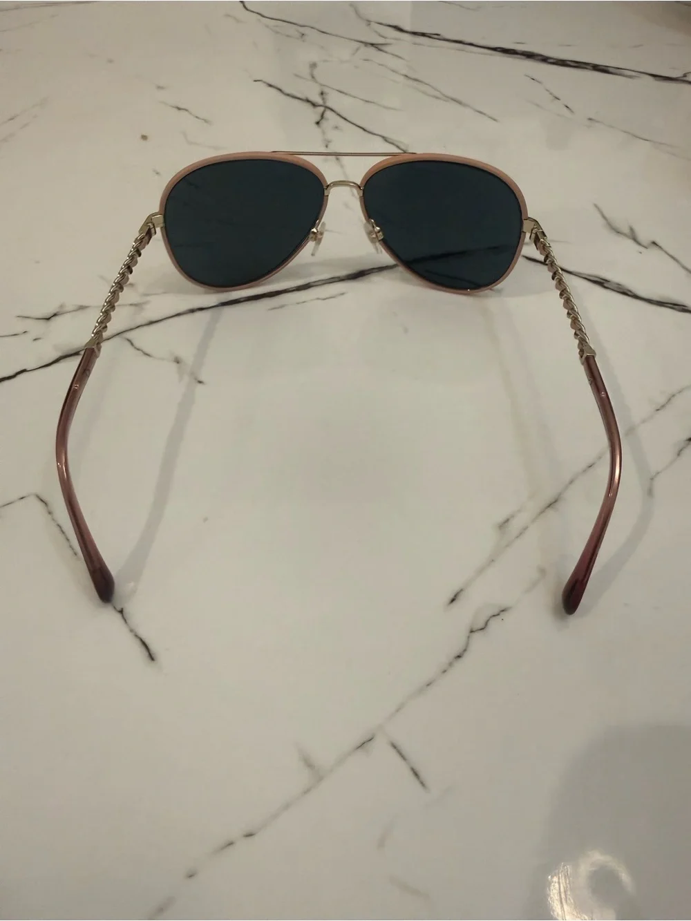 CHANEL Aviator Gold Frame Sunglasses with Pink Leather Trimming & Lenses